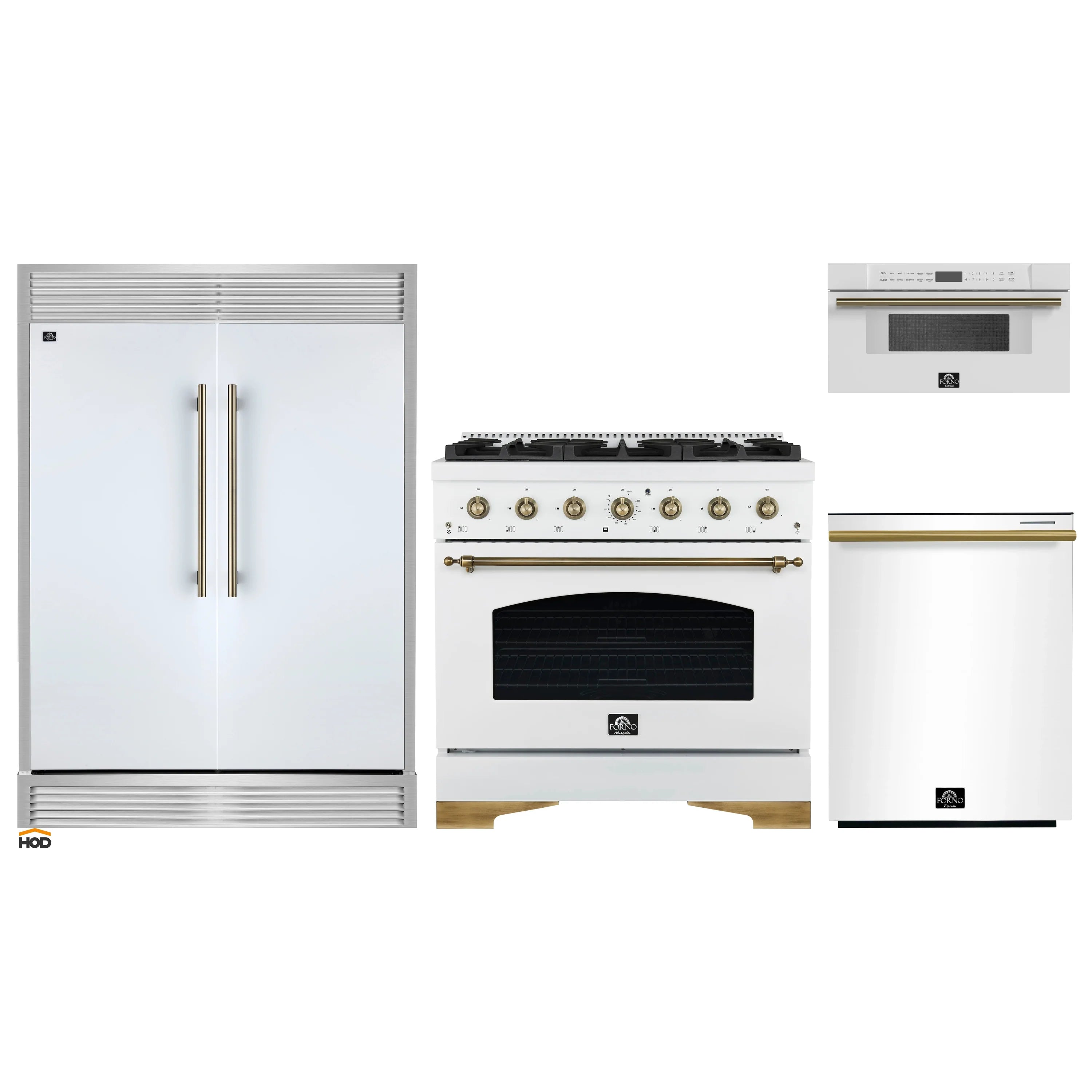 Kitchen appliance set showing refrigerator doors, gas range, and microwave drawer in white