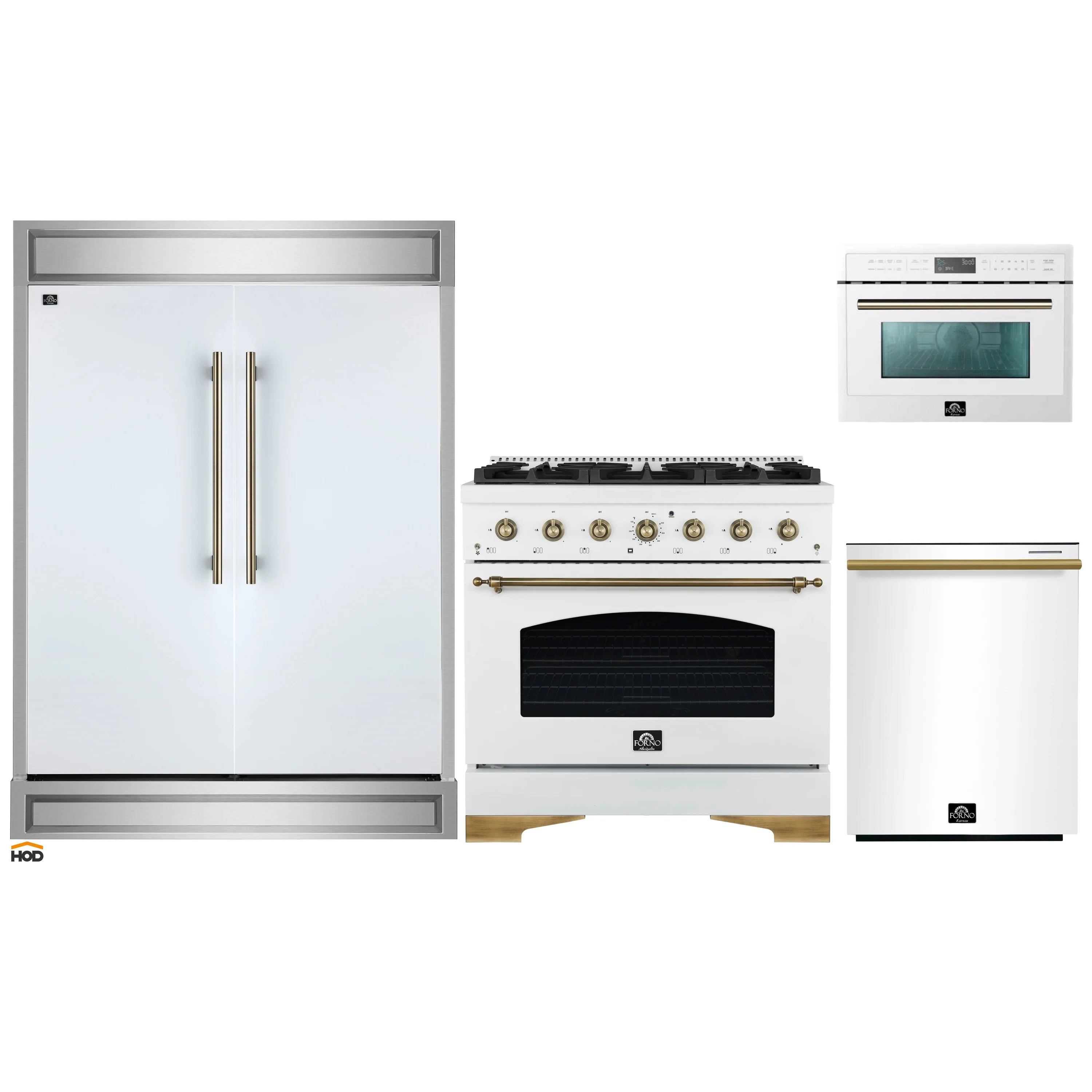 White kitchen appliance package showing refrigerator, range, and microwave with brass accents