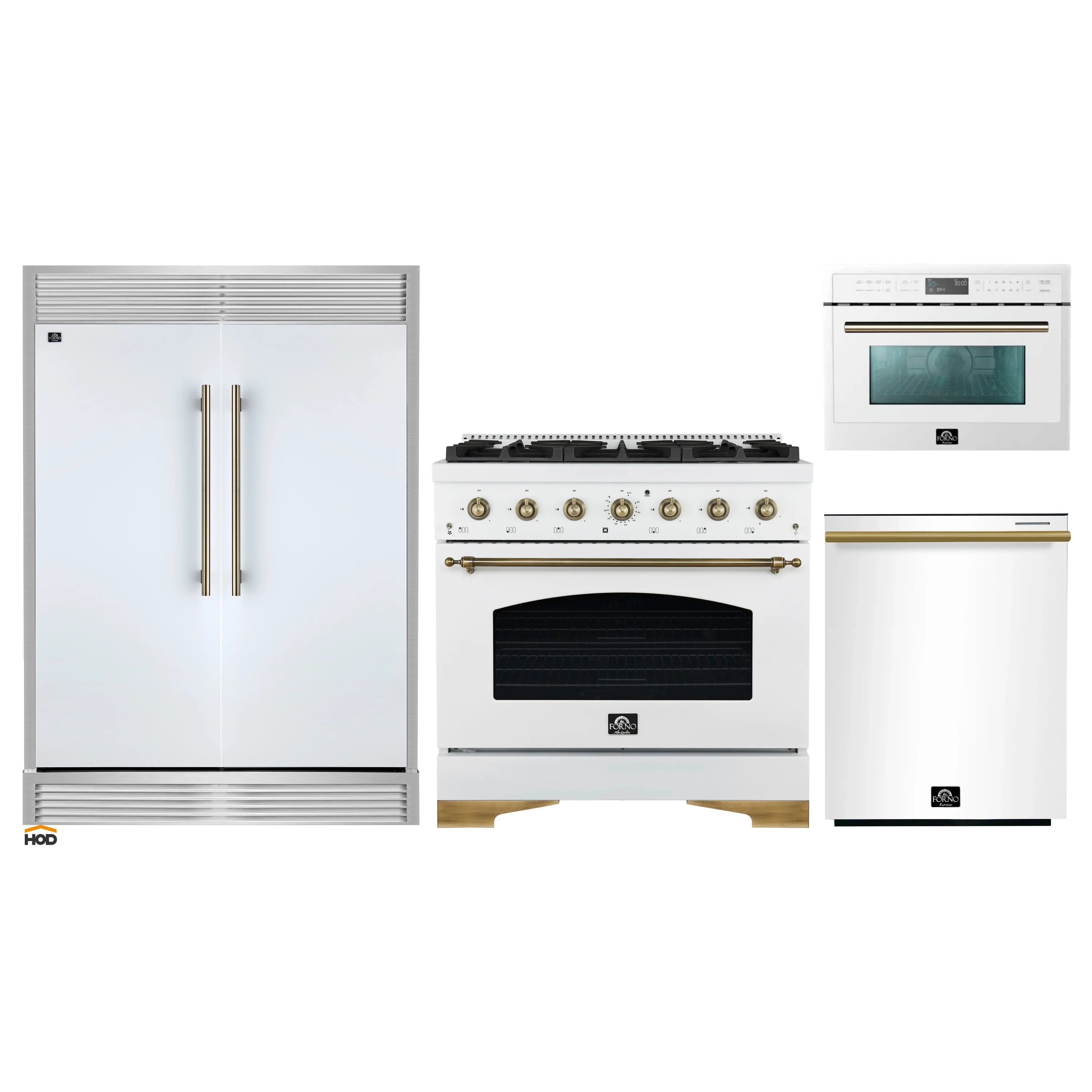 White appliance package with refrigerator, gas range, and microwave/oven