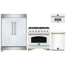 Forno 4-Piece Appliance Package - 36-Inch Gas Range, 60-Inch Refrigerator, Dishwasher, & 30-Inch Microwave Oven in White with Antique Brass Handle
