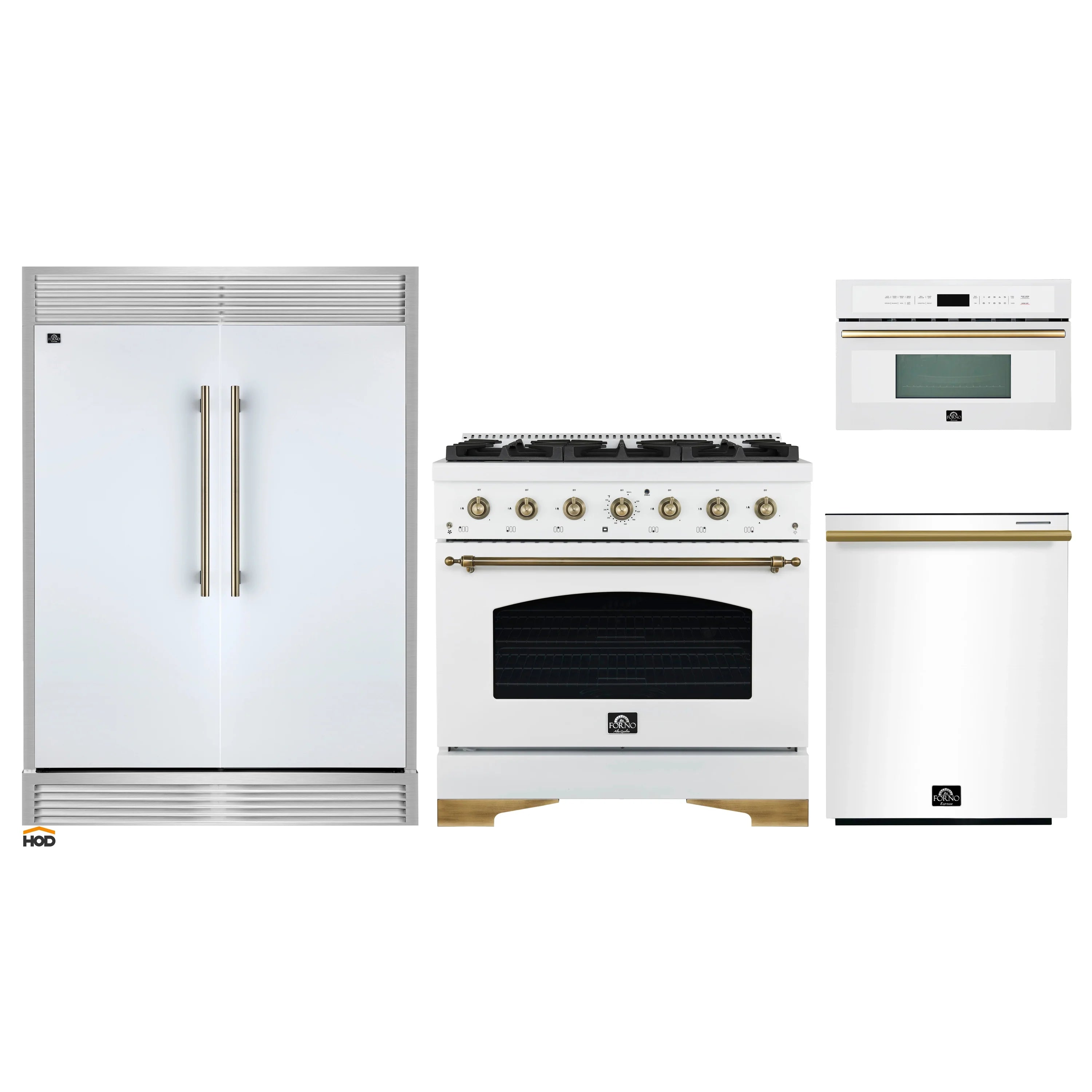 White kitchen appliance set with refrigerator, gas range, and built-in microwave