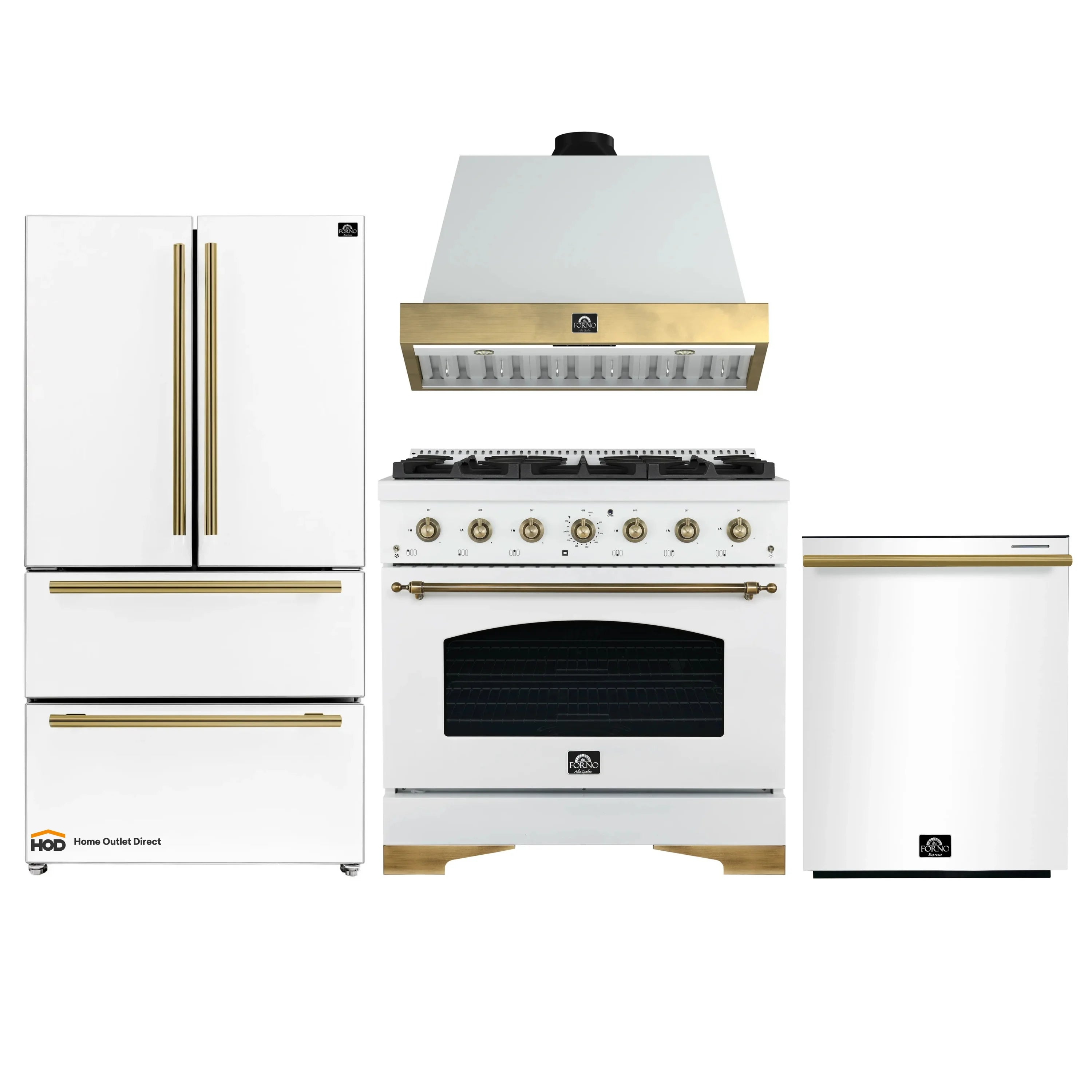 Forno Antico appliance set: white fridge, gas range, hood, and dishwasher with brass trim