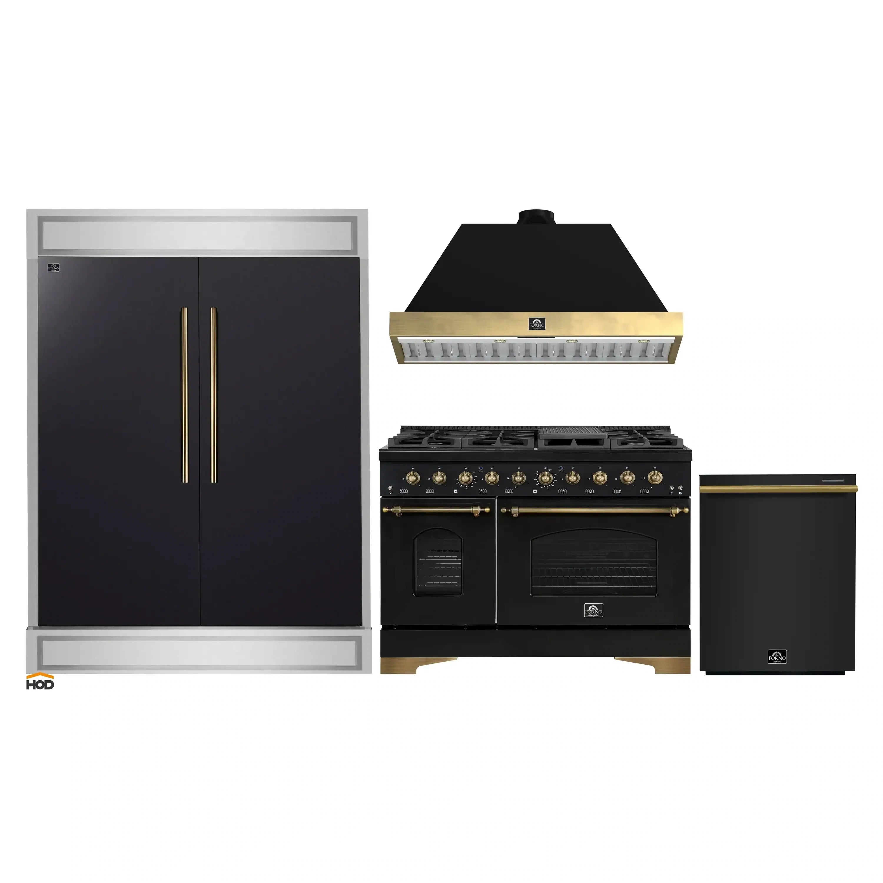 Black 4-piece appliance package with antique brass handles and range hood