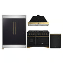 Forno 4-Piece Appliance Package - 48-Inch Gas Range, 60-Inch Convertible Refrigerator with Modern Trim, Dishwasher, in Black with Antique Brass Handle