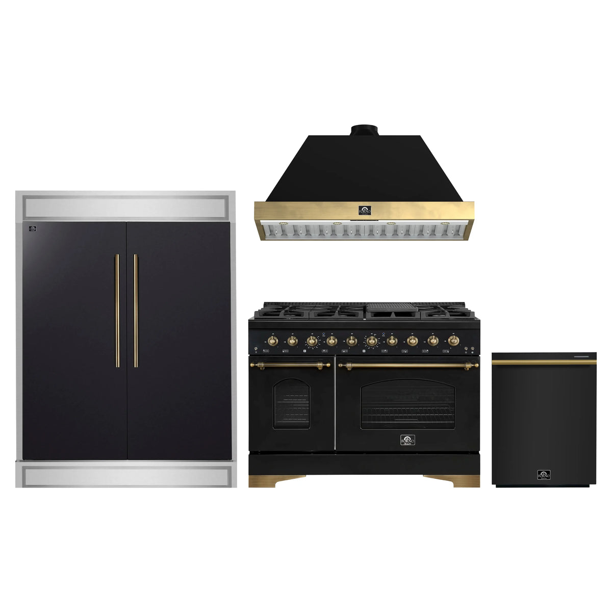 Forno 4-Piece Appliance Package - 48-Inch Gas Range, Hood, 60-Inch Convertible Refrigerator with Modern Trim, Dishwasher, in Black with Antique Brass Trim
