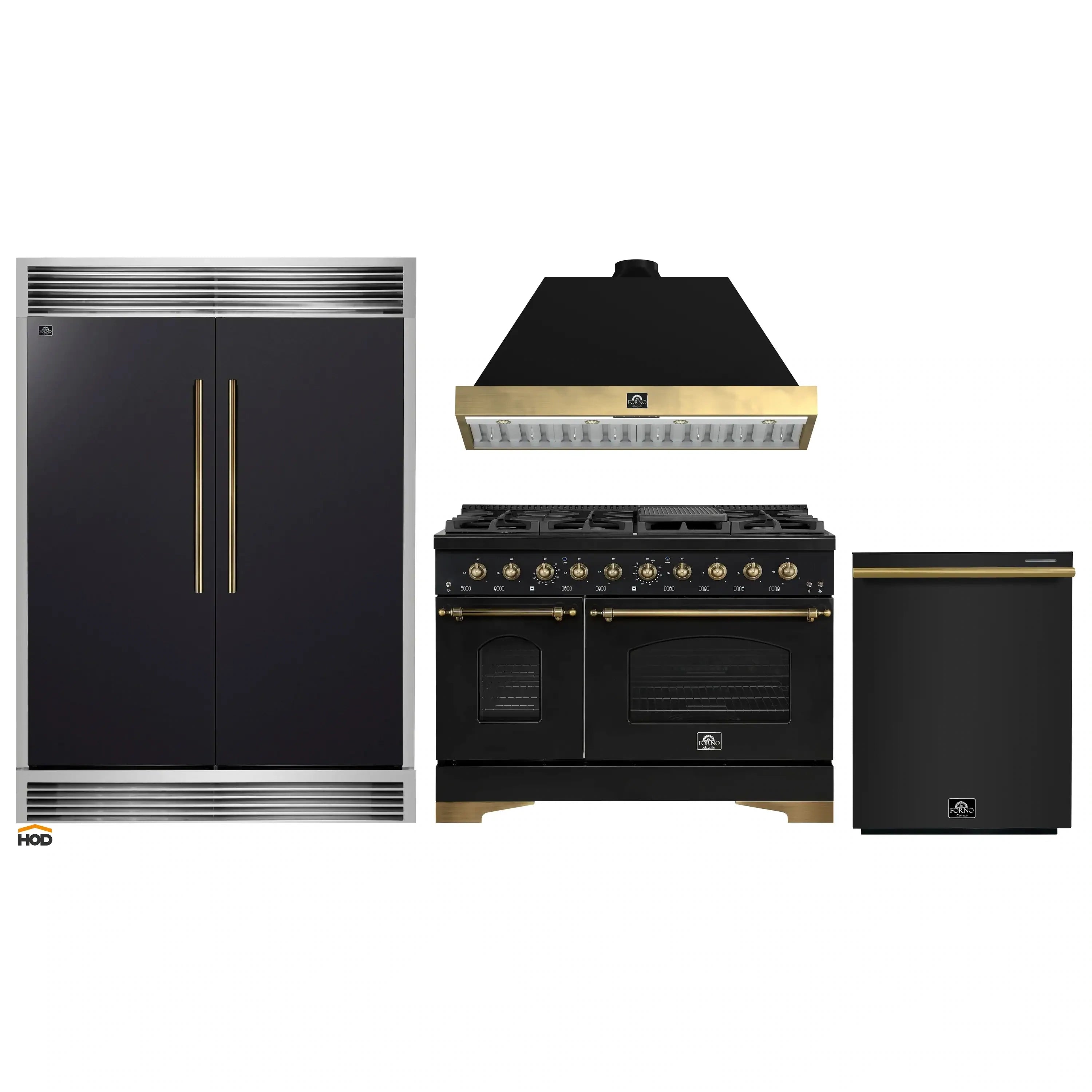 4-piece black appliance package: gas range, refrigerator, and dishwasher with brass accents