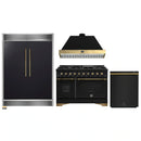 Forno 4-Piece Appliance Package - 48-Inch Gas Range, 60-Inch Convertible Refrigerator with Modern Grille Trim, Dishwasher, in Black with Antique Brass Handle