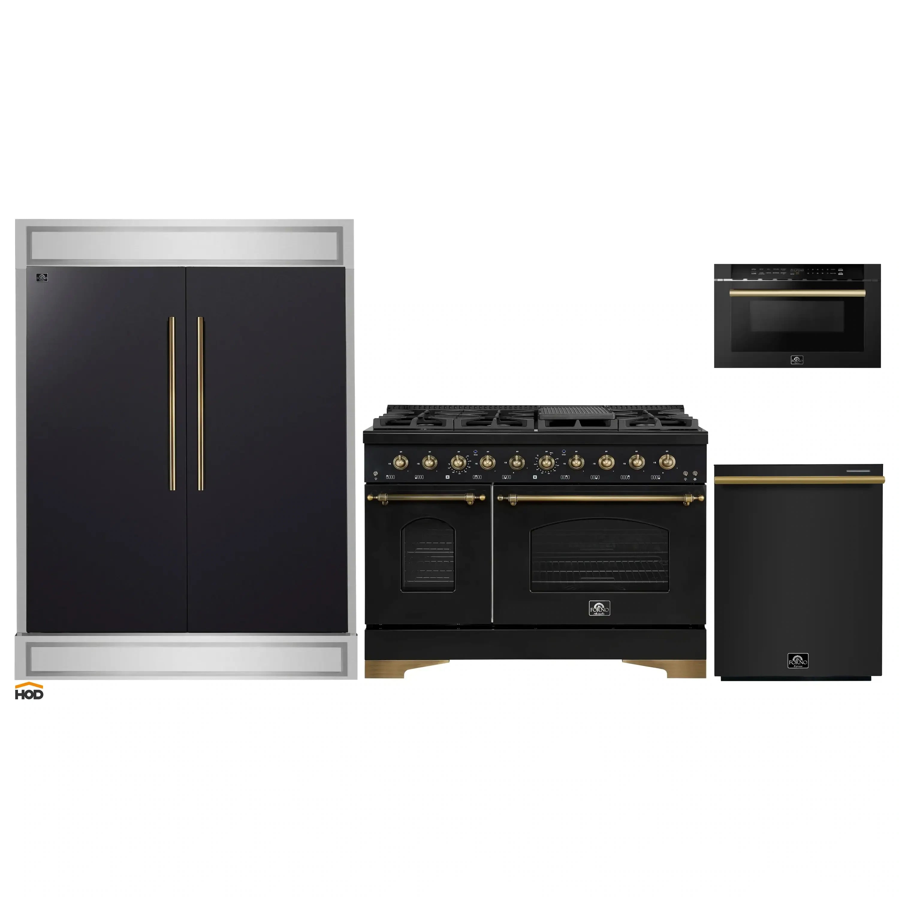 Forno 4-piece black appliance package with brass accents: range, fridge, microwave