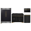 Forno 4-Piece Appliance Package - 48-Inch Gas Range, 60-Inch Convertible Refrigerator with Modern Grille Trim, Dishwasher, and 24-Inch Microwave Drawer in Black with Antique Brass Handle
