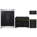 Forno 4-Piece Appliance Package - 48-Inch Gas Range, 60-Inch Convertible Refrigerator with Modern Trim, Dishwasher, and 30-Inch Microwave Drawer in Black with Antique Brass Handle