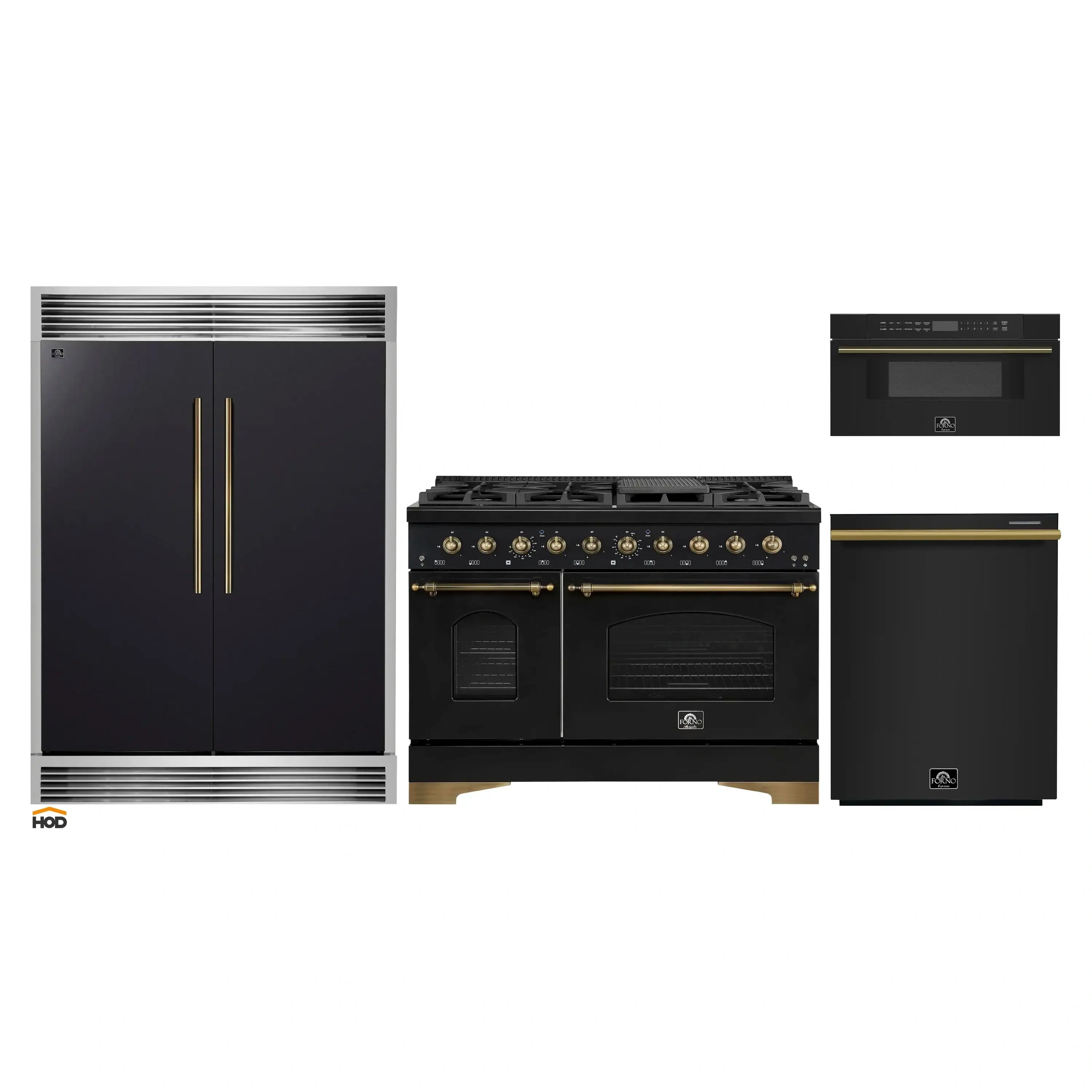 Black appliance package featuring French-door refrigerator, gas range, and microwave