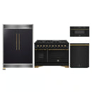 Forno 4-Piece Appliance Package - 48-Inch Gas Range, 60-Inch Convertible Refrigerator with Modern Grille Trim, Dishwasher, and 30-Inch Microwave Drawer in Black with Antique Brass Handle