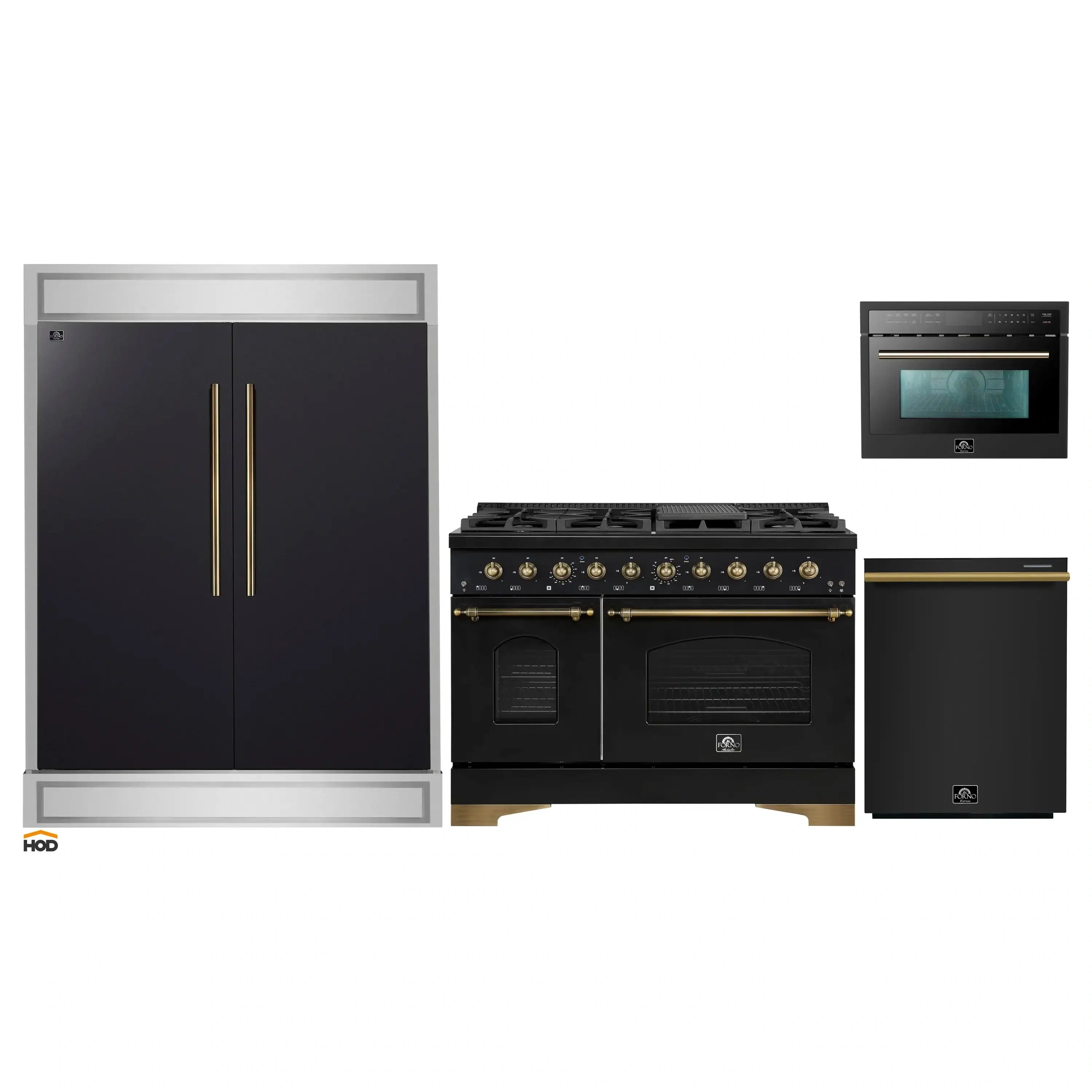Black kitchen appliance package with refrigerator, gas range, and microwave oven