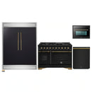 Forno 4-Piece Appliance Package - 48-Inch Gas Range, 60-Inch Convertible Refrigerator with Modern Trim, Dishwasher, and 24-Inch Microwave Oven in Black with Antique Brass Handle