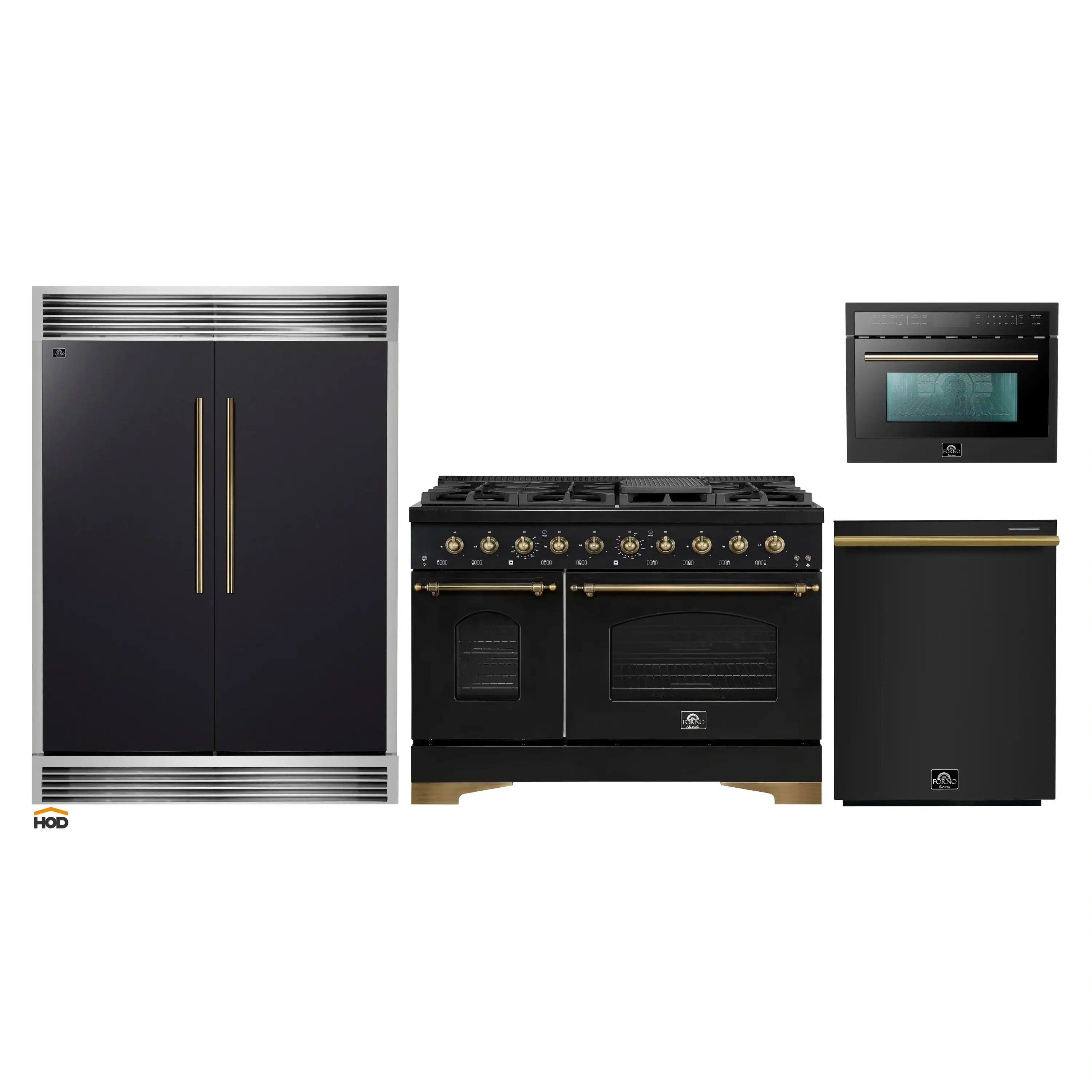 Black kitchen appliance bundle with gas range, refrigerator, dishwasher, and microwave
