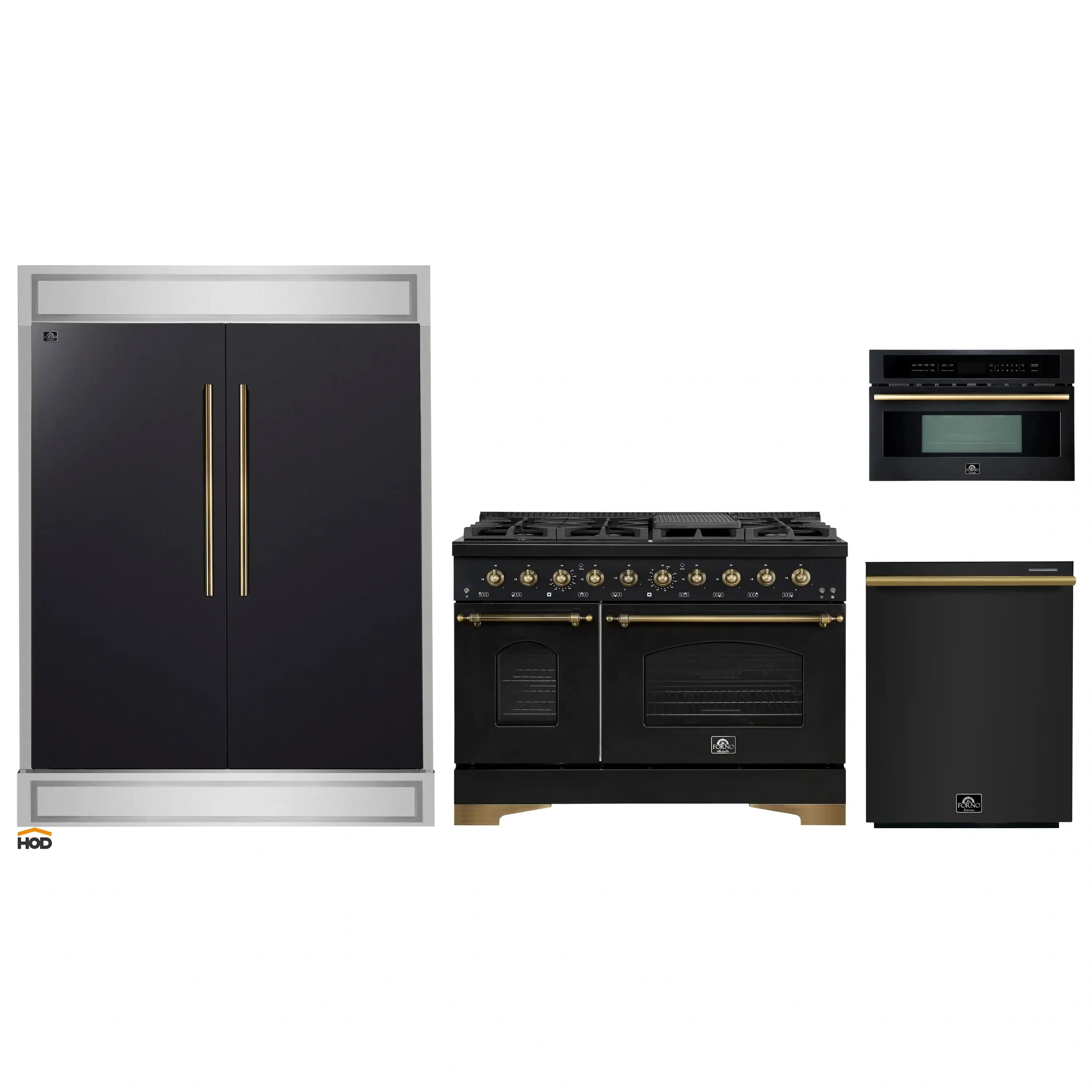 Black 4-piece appliance package with refrigerator, gas range, microwave, and brass accents