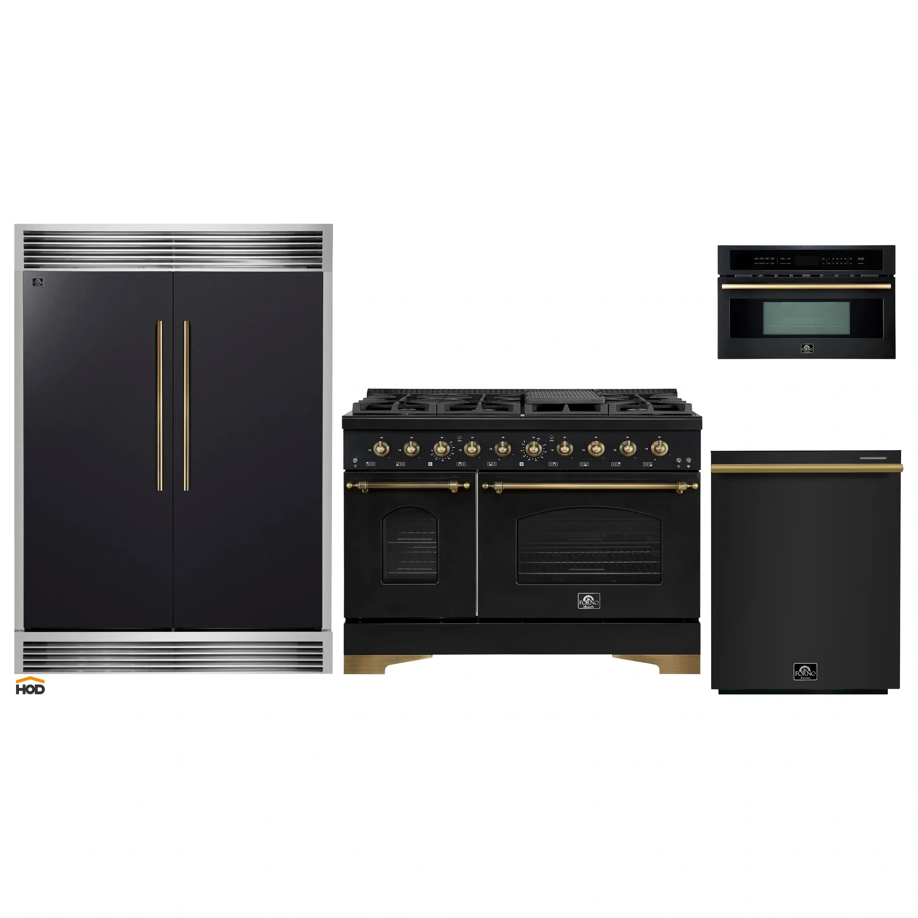 Black appliance package with refrigerator, gas range, dishwasher, and microwave in view