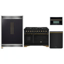 Forno 4-Piece Appliance Package - 48-Inch Gas Range, 60-Inch Convertible Refrigerator with Modern Grille Trim, Dishwasher, and 30-Inch Microwave Oven in Black with Antique Brass Handle