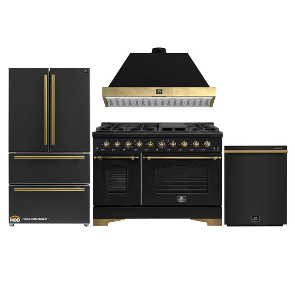 Forno Antico 4-Piece Appliance Package - 48-Inch Gas Range, 48-Inch Hood, 36-Inch Refrigerator, & 24-Inch Dishwasher in Black with Antique Brass Trim