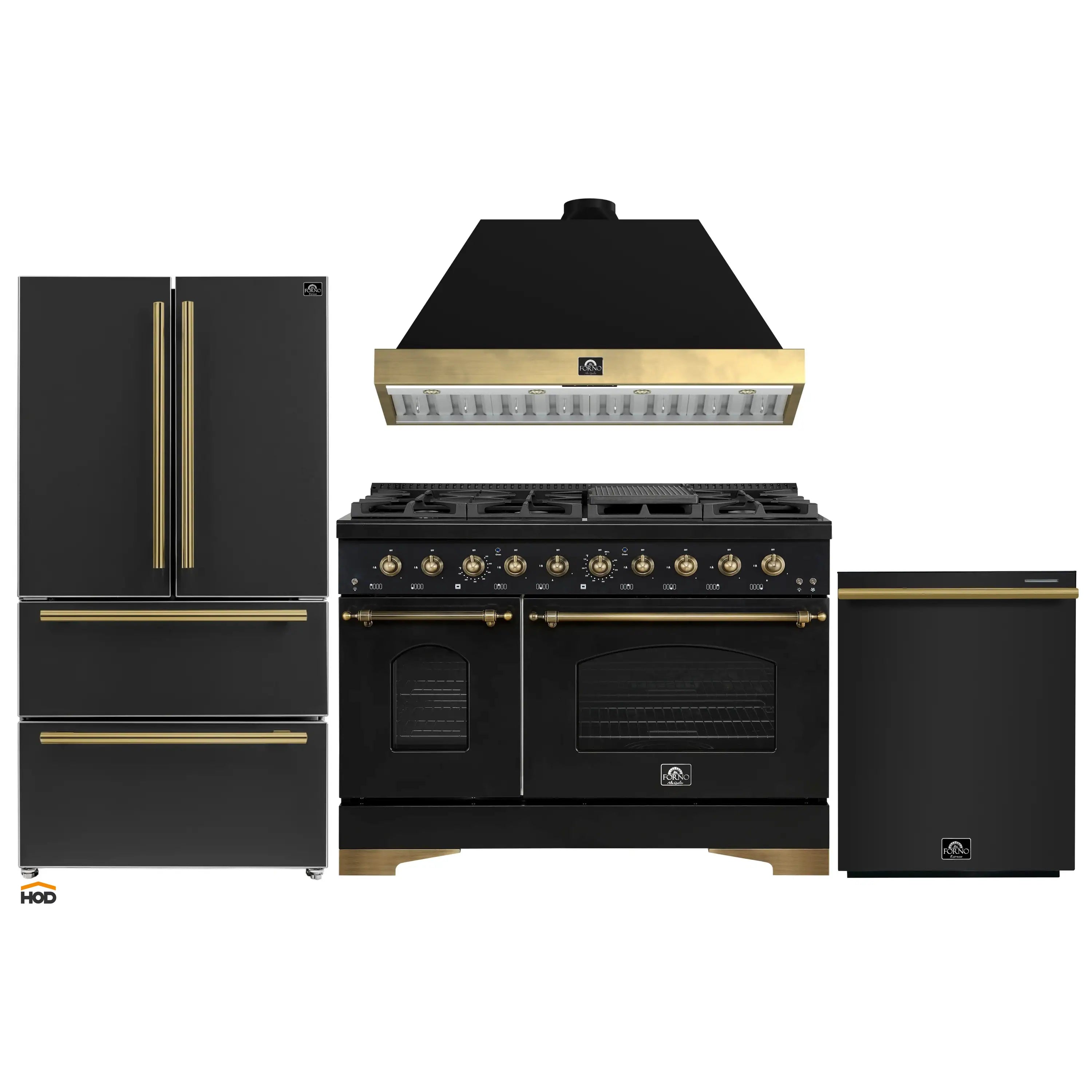 Black appliance package with gas range, hood, refrigerator, and dishwasher with brass trim