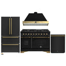 Forno Antico 4-Piece Appliance Package - 48-Inch Gas Range, 48-Inch Hood, 36-Inch Refrigerator, & 24-Inch Dishwasher in Black with Antique Brass Trim