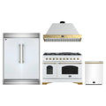 Forno 4-Piece Appliance Package - 48-Inch Antico Gas Range, Wall Mount Range Hood, 60-Inch Refrigerator, Dishwasher in White with Antique Brass Trim
