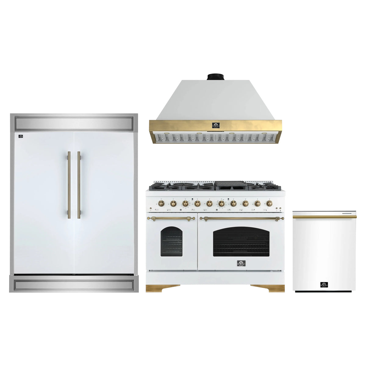 Forno 4-Piece Appliance Package - 48-Inch Gas Range, Wall Mount Range Hood, 60-Inch Refrigerator, Dishwasher in White with Antique Brass Trim