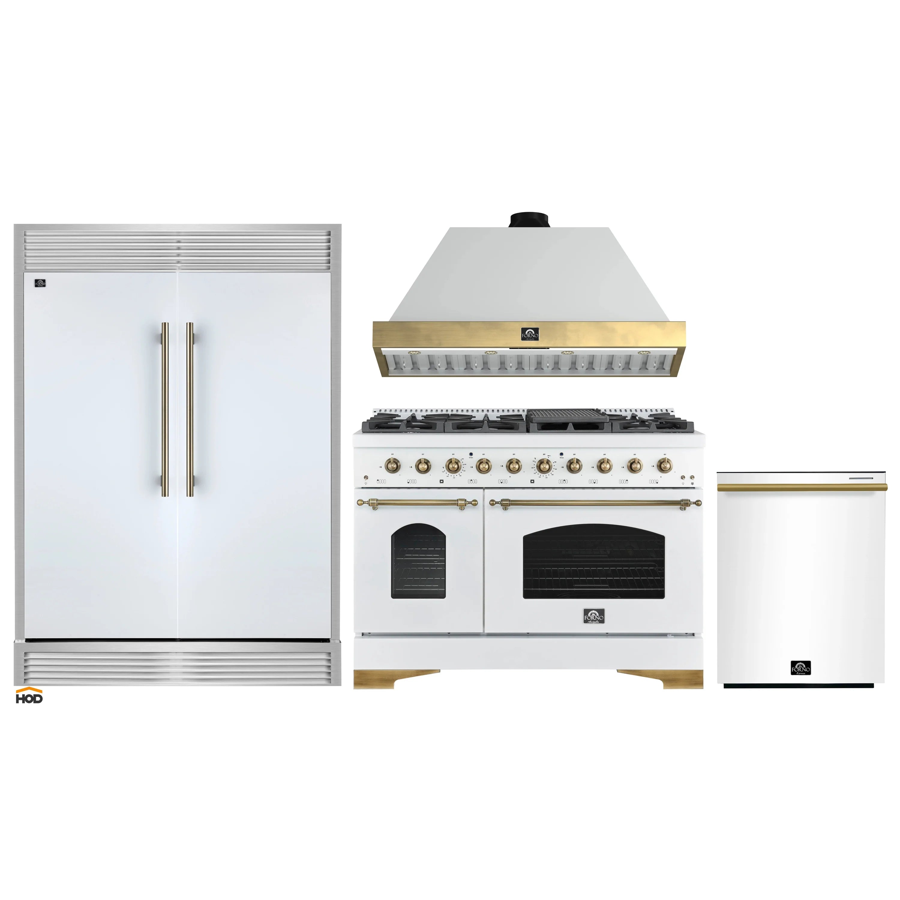 White gas range with black griddle and burner knobs, plus nearby refrigerator doors
