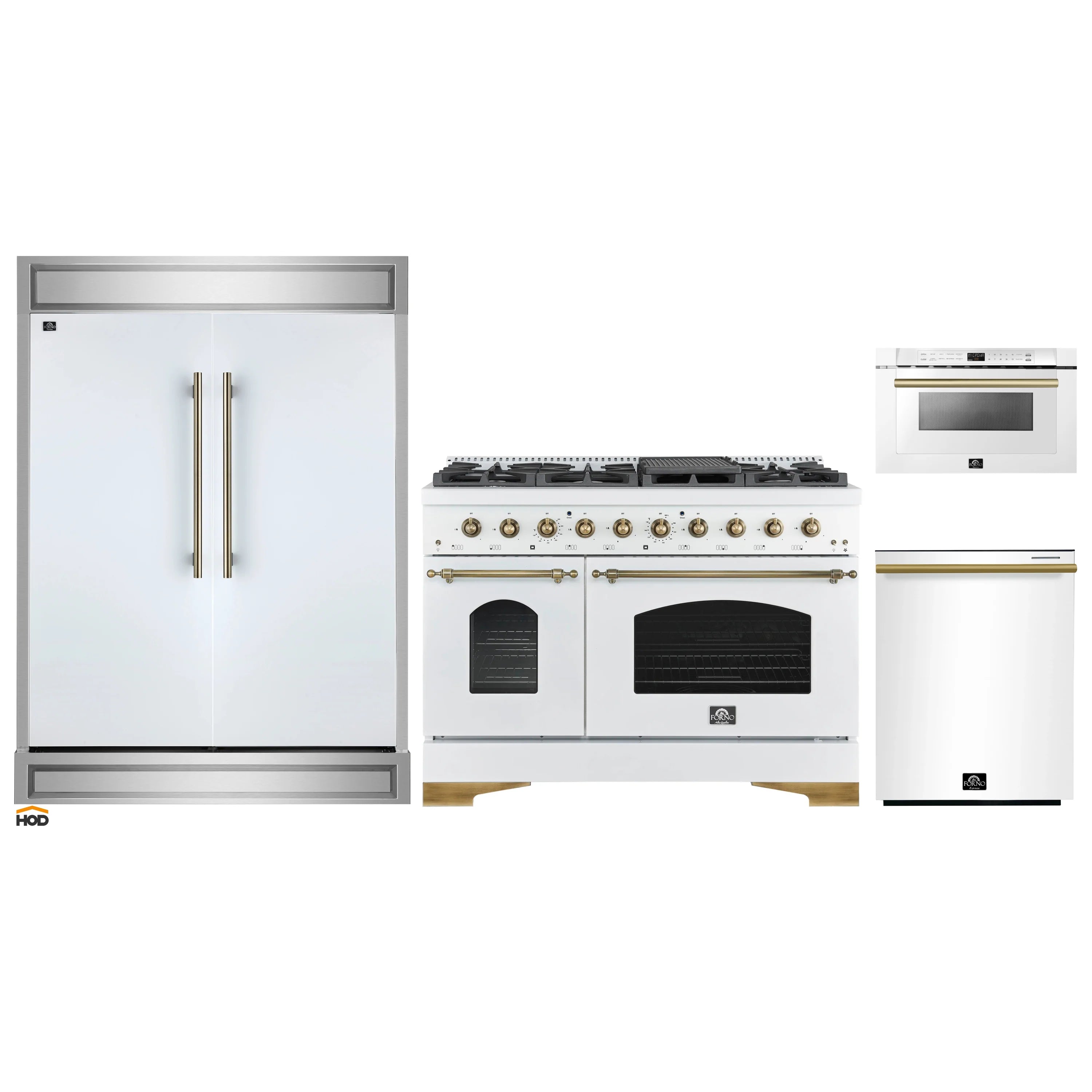 White kitchen appliance set: refrigerator, gas range, and microwave drawer