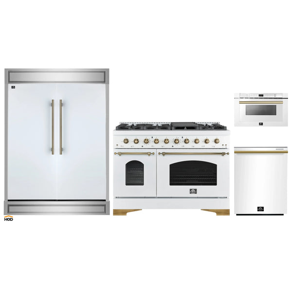 Forno 4-Piece Appliance Package - 48-Inch Gas Range, 60-Inch Refrigerator, Dishwasher, & 24-Inch Microwave Drawer in White with Antique Brass Handle