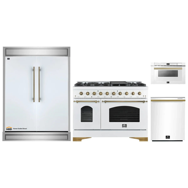 Forno 4-Piece Appliance Package - 48-Inch Gas Range, 60-Inch Refrigerator, Dishwasher, & 24-Inch Microwave Drawer in White with Antique Brass Handle