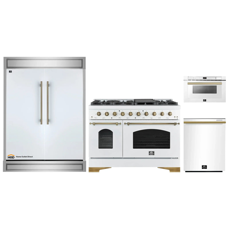 Forno 4-Piece Appliance Package - 48-Inch Gas Range, 60-Inch Refrigerator, Dishwasher, & 24-Inch Microwave Drawer in White with Antique Brass Handle
