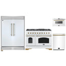 Forno 4-Piece Appliance Package - 48-Inch Antico Gas Range, 60-Inch Refrigerator, Dishwasher, & 24-Inch Microwave Drawer in White with Antique Brass Handle