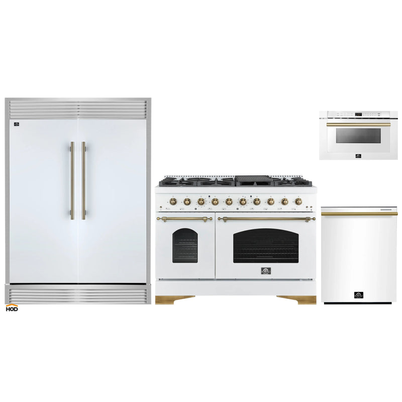 Forno 4-Piece Appliance Package - 48-Inch Antico Gas Range, 60-Inch Refrigerator, Dishwasher, & 24-Inch Microwave Drawer in White with Antique Brass Handle