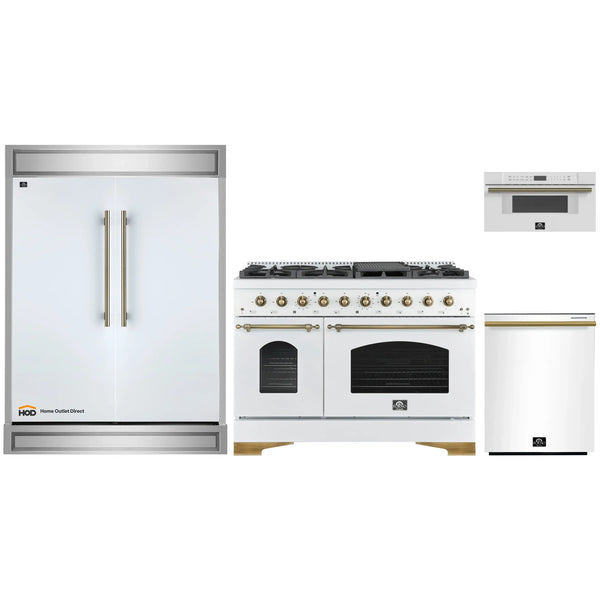 Forno 4-Piece Appliance Package - 48-Inch Gas Range, 60-Inch Refrigerator, Dishwasher, & 30-Inch Microwave Drawer in White with Antique Brass Handle