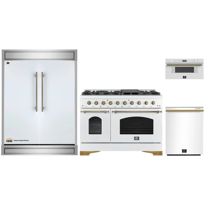 Forno 4-Piece Appliance Package - 48-Inch Gas Range, 60-Inch Refrigerator, Dishwasher, & 30-Inch Microwave Drawer in White with Antique Brass Handle