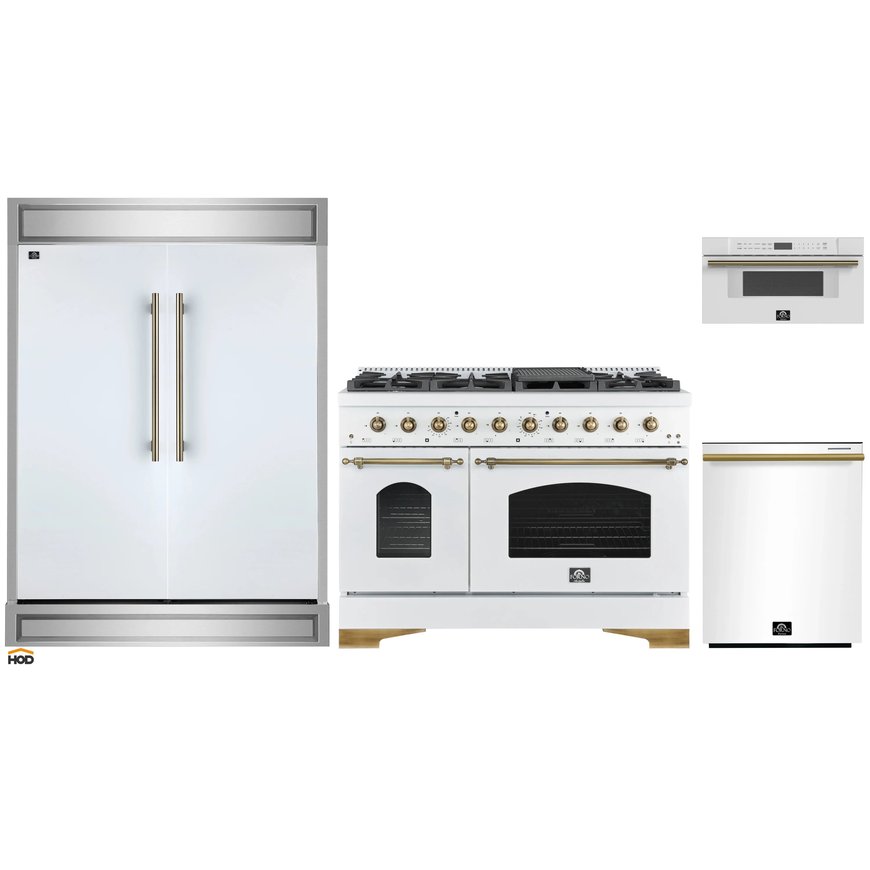 Kitchen appliance package with white refrigerator doors, gas range, and microwave drawer