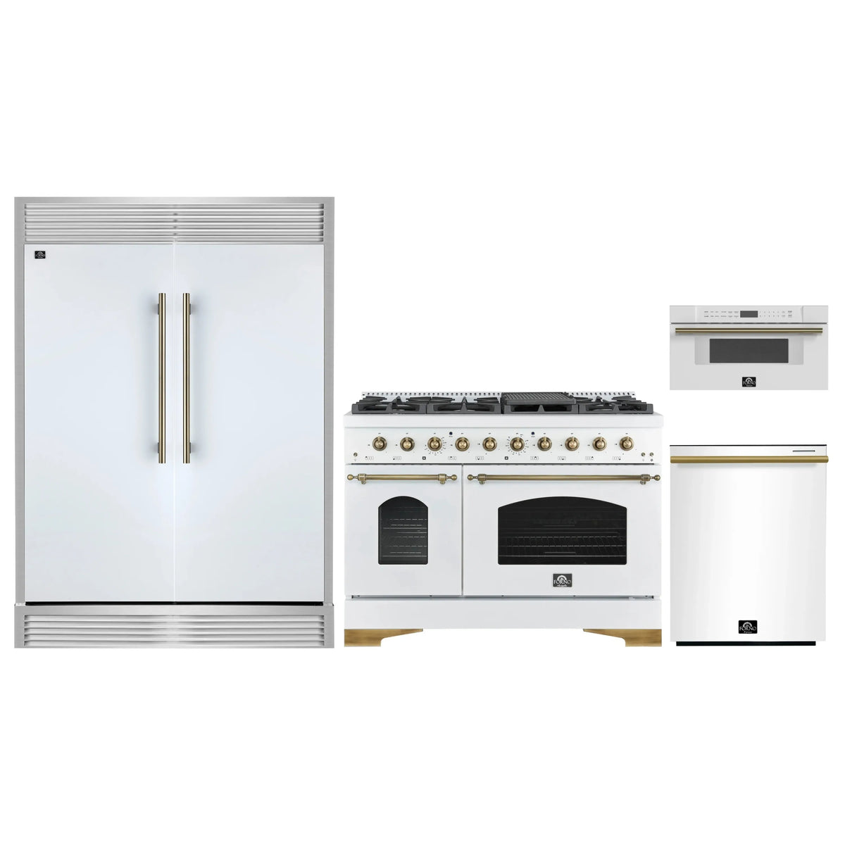 Forno 4-Piece Appliance Package - 48-Inch Antico Gas Range, 60-Inch Refrigerator, Dishwasher, & 30-Inch Microwave Drawer in White with Antique Brass Trim