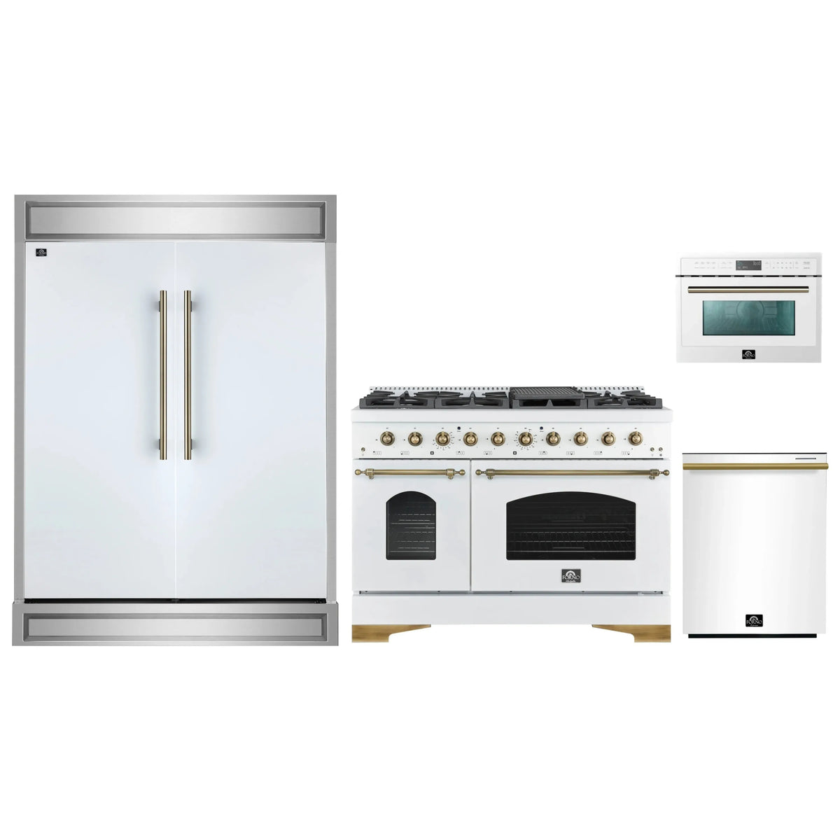Forno 4-Piece Appliance Package - 48-Inch Gas Range, 60-Inch Refrigerator, Dishwasher, & 24-Inch Microwave Oven in White with Antique Brass Trim