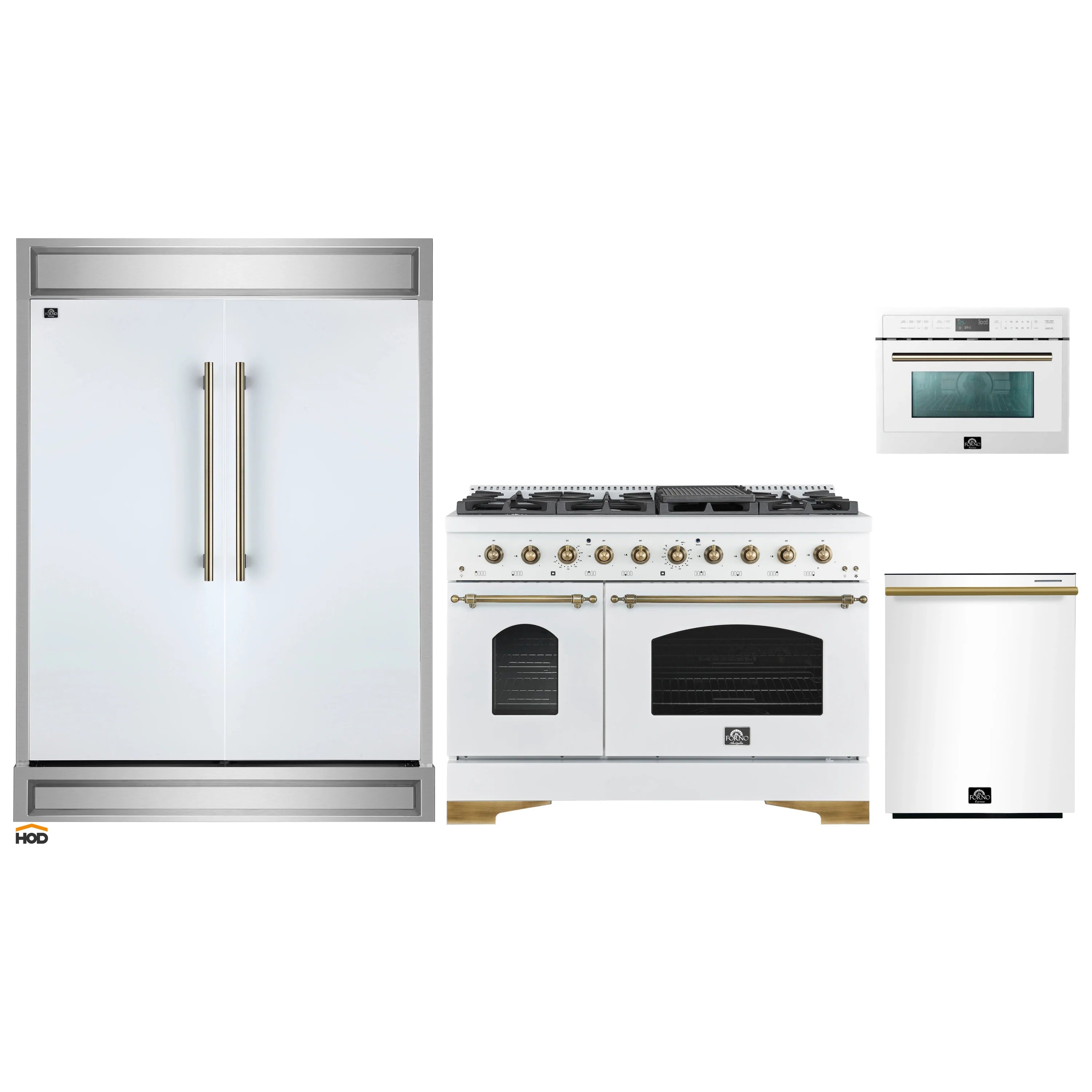 White 3-appliance kitchen package: dishwasher, gas range, and built-in microwave with brass pulls