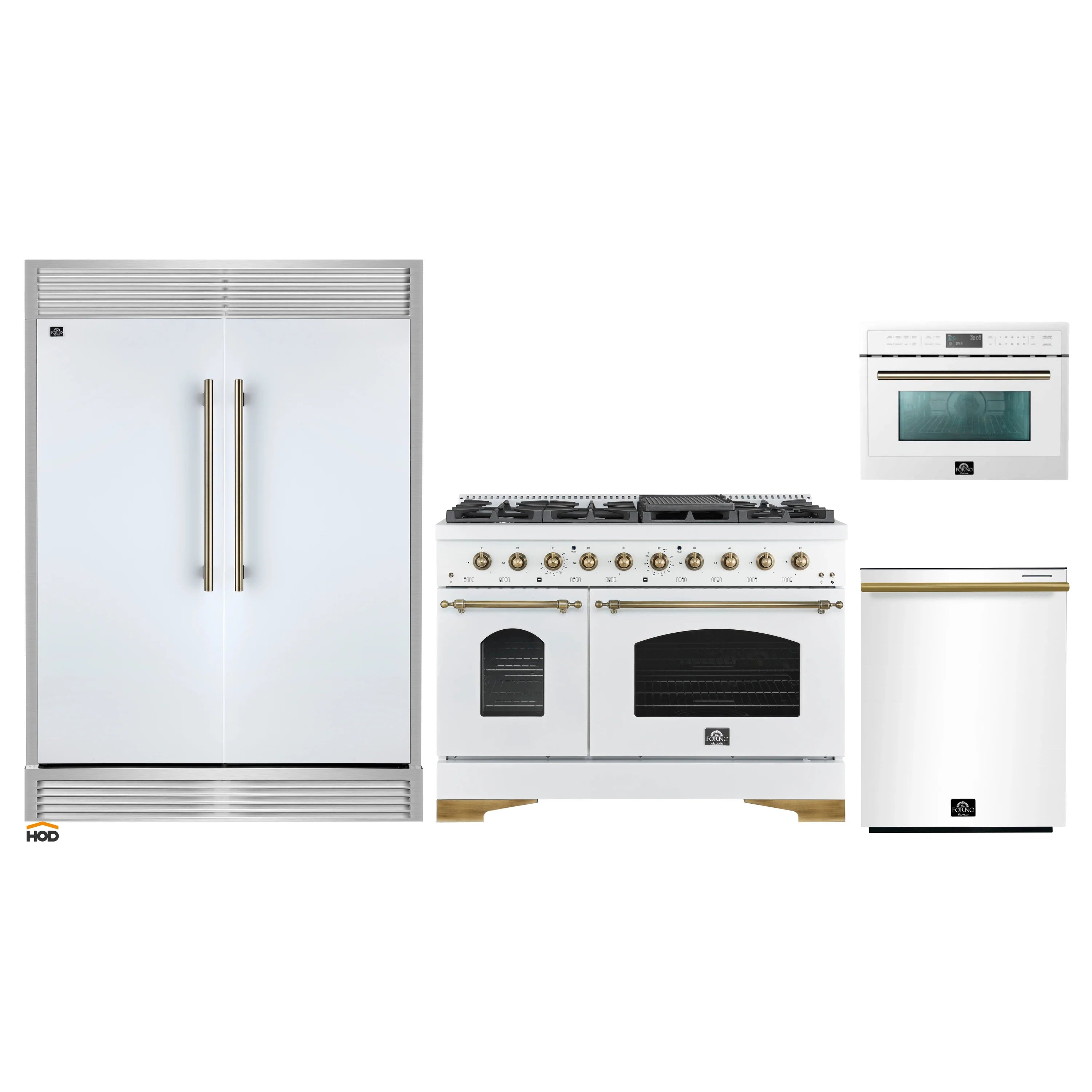 White appliance bundle with refrigerator, gas range, and microwave oven shown together