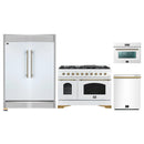 Forno 4-Piece Appliance Package - 48-Inch Antico Gas Range, 60-Inch Refrigerator, Dishwasher, & 24-Inch Microwave Oven in White with Antique Brass Handle
