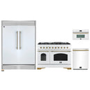 Forno 4-Piece Appliance Package - 48-Inch Antico Gas Range, 60-Inch Refrigerator, Dishwasher, & 30-Inch Microwave Oven in White with Antique Brass Handle
