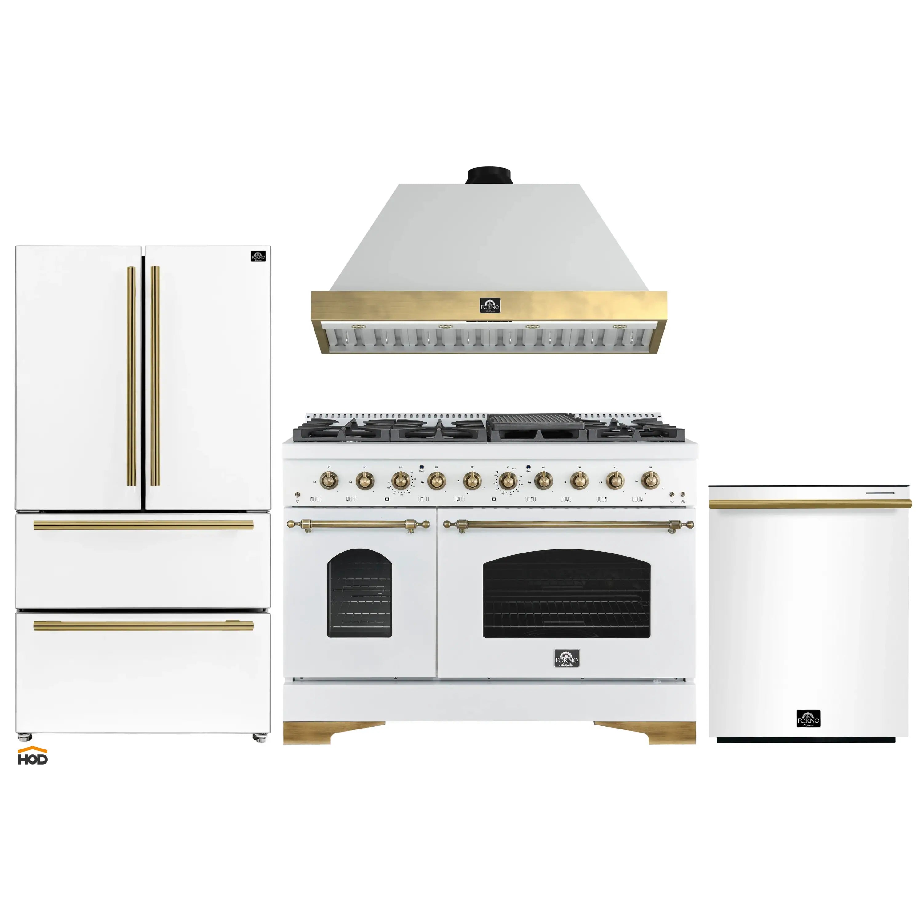 4-piece kitchen appliance set in white with antique brass trim: range, hood, fridge, dishwasher