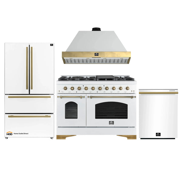 Forno Antico 4-Piece Appliance Package - 48-Inch Gas Range, 48-Inch Hood, 36-Inch Refrigerator, & 24-Inch Dishwasher in White with Antique Brass Trim