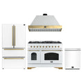 Forno Antico 4-Piece Appliance Package - 48-Inch Gas Range, 48-Inch Hood, 36-Inch Refrigerator, & 24-Inch Dishwasher in White with Antique Brass Trim