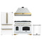 Forno Antico 4-Piece Appliance Package - 48-Inch Gas Range, 48-Inch Hood, 36-Inch Refrigerator, & 24-Inch Dishwasher in White with Antique Brass Trim