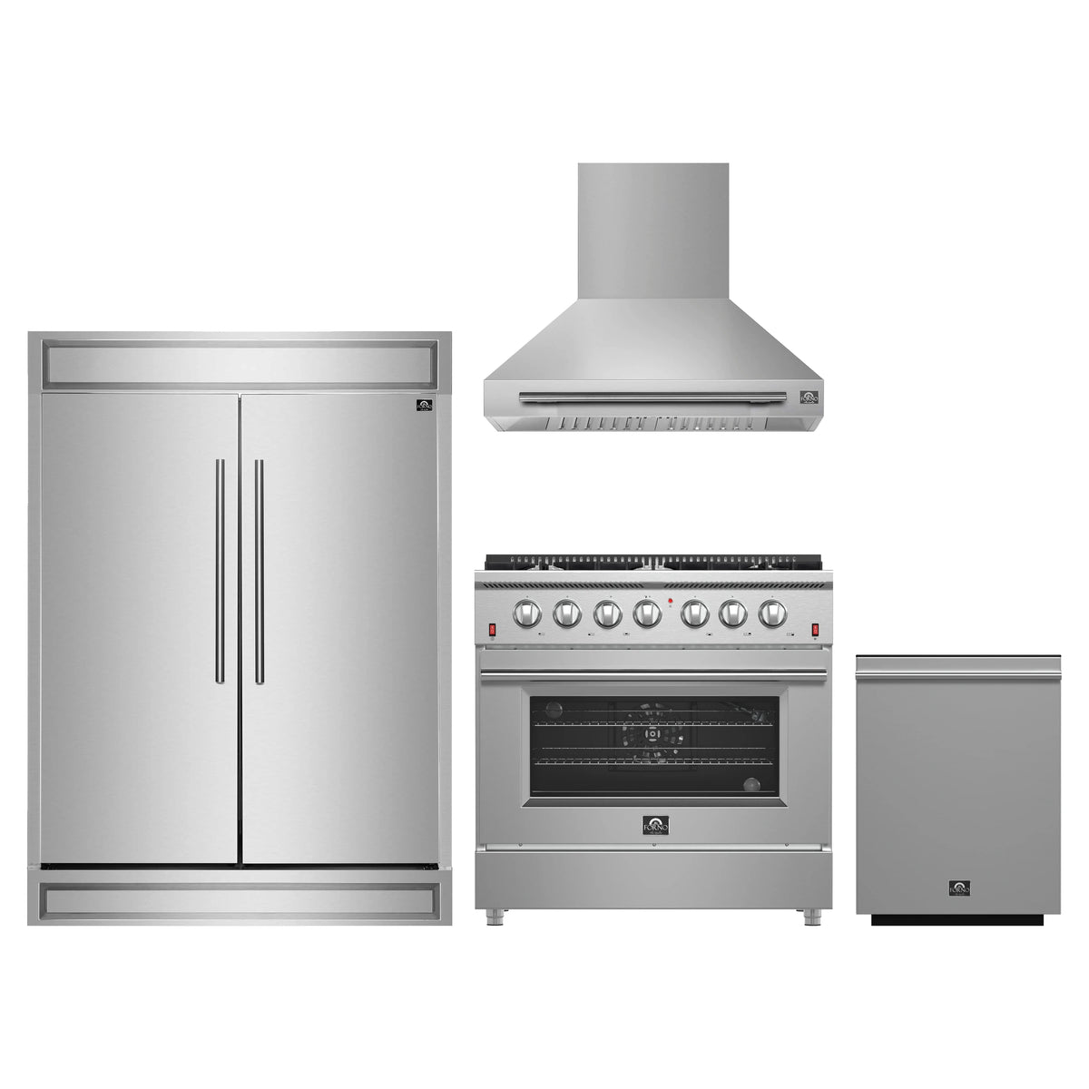 Forno 4-Piece Appliance Package - 36-Inch Gas Range, Wall Mount Range Hood, 60-Inch Built-In Convertible Refrigerator, and Dishwasher in Stainless Steel