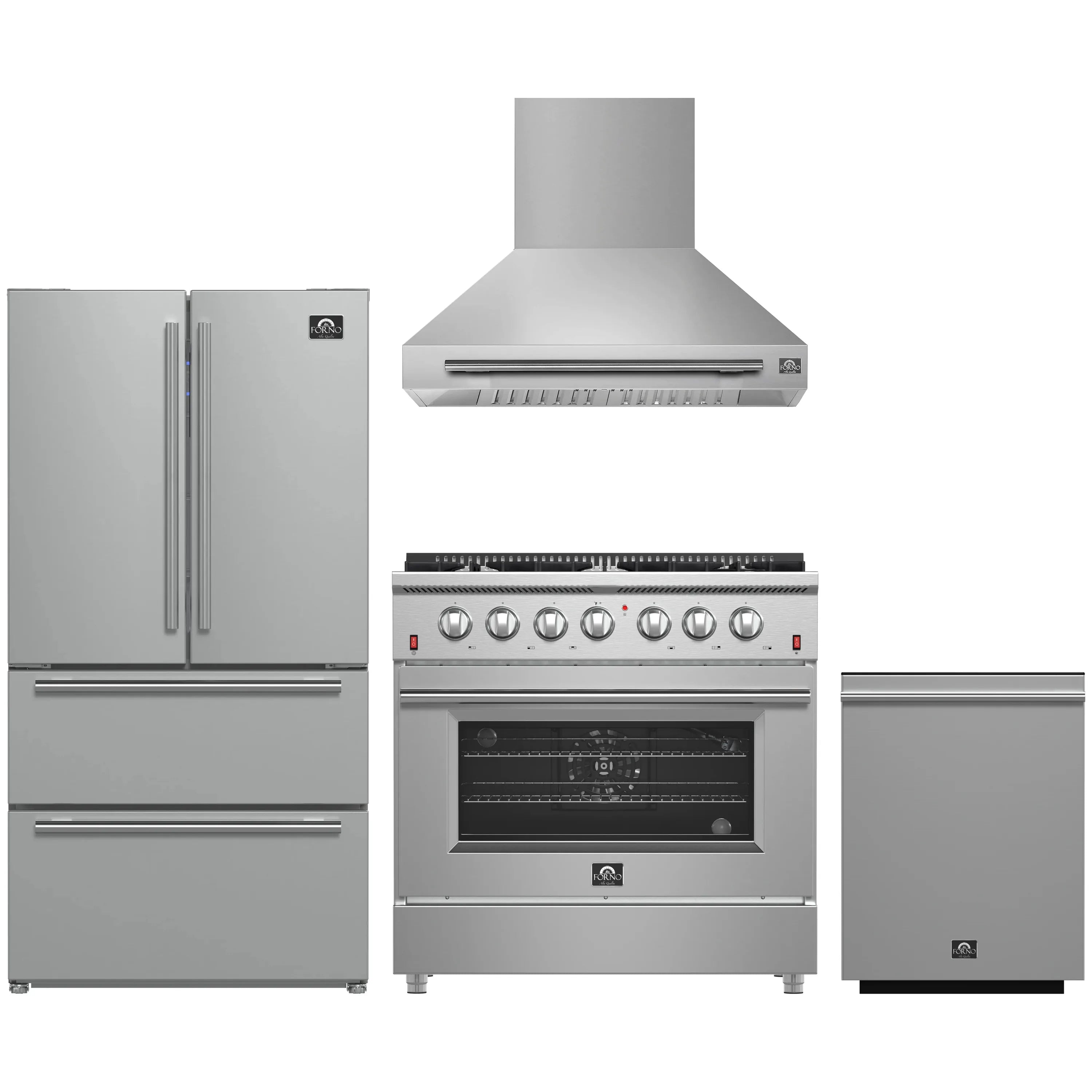 Stainless steel kitchen appliance package: gas range with wall hood, French door fridge, dishwasher
