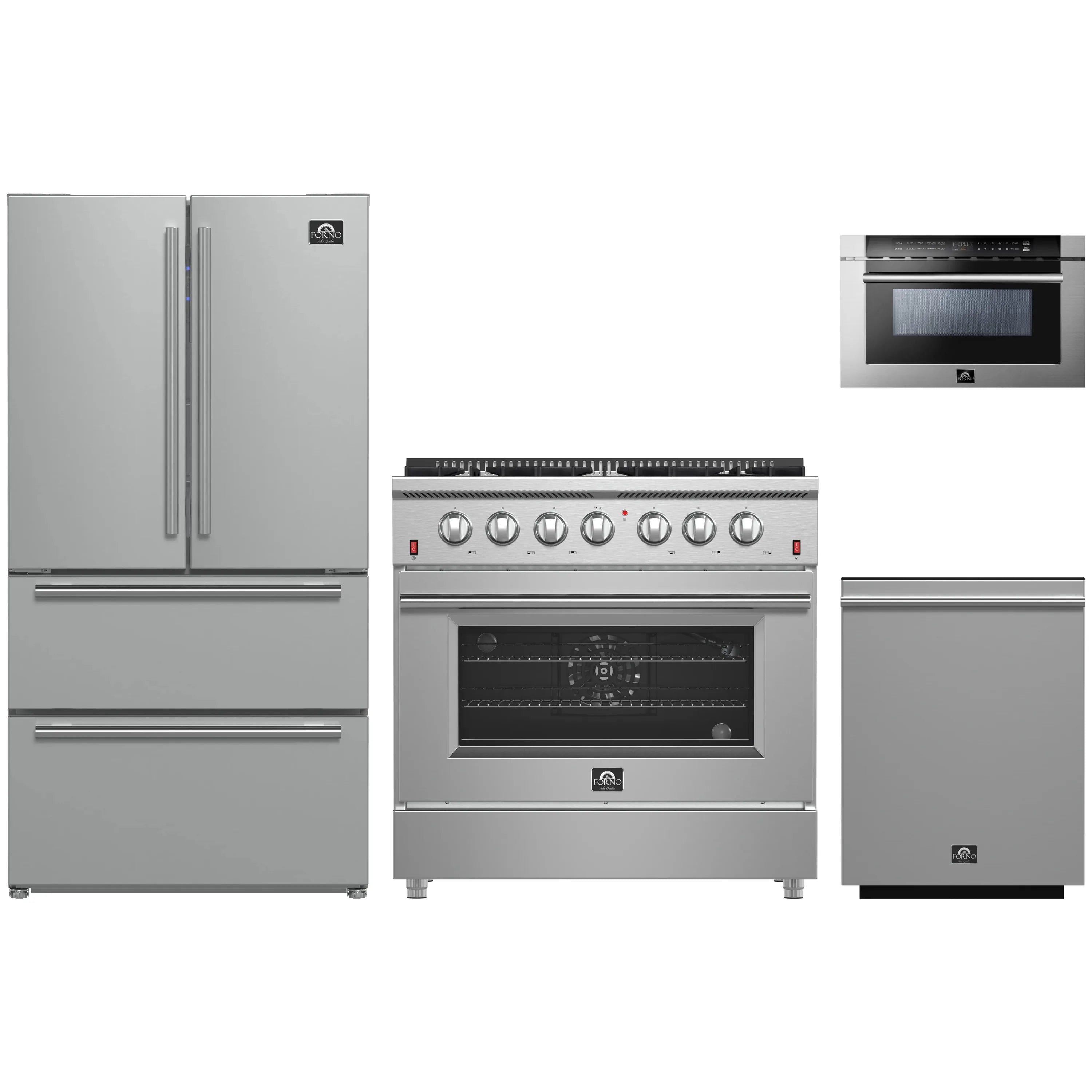 Forno 4-Piece Appliance Package - 36-Inch Gas Range, Refrigerator, 24-Inch Microwave Drawer, & 3-Rack Dishwasher in Stainless Steel